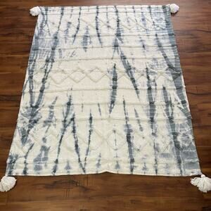 Rachel Zoe Throw Blanket Blue Tie Dye Chenille Tassels Coastal Beach House 52x67